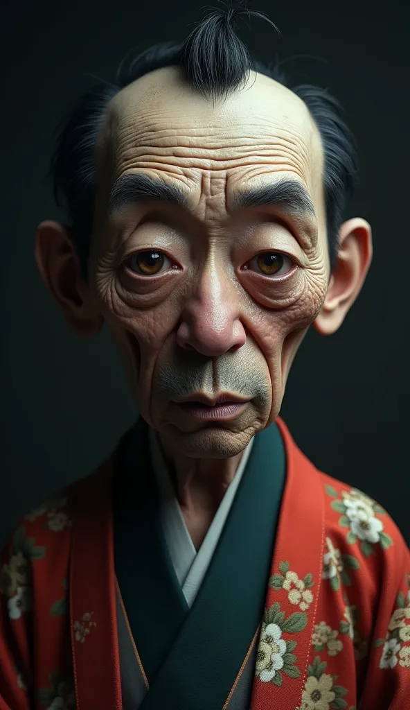 a surreal portrait of an old japanese man with a disproportionately large head and , wearing a traditional japanese kimono, with...