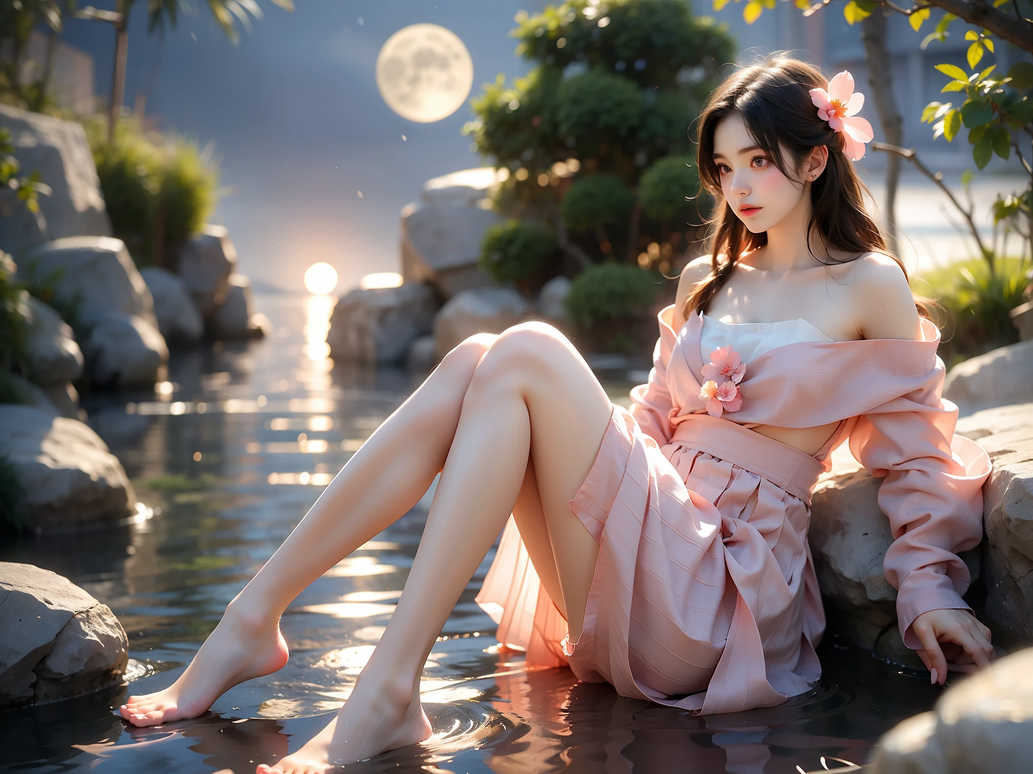 modern hanfu
collarbone (High quality details), 1 Girl, solo, Young women, Elegant Posture, ((night, moonlight)), (Curvy body，Lying in the water naturally，River Water，rock, Relaxed expression), (Focus on natural body posture and correct anatomy:1.3), (Perfect leg proportions:1.3)，(True and accurate leg shape:1.2), ((Natural leg position)), The skirt is very short, One hand stroked the hem of the skirt, Lift the hem of your skirt, Bare shoulders, Natural posture, Soft expression, Exquisite makeup, Soft blush, Bright Eyes, Soft lips, Flower fairy style, ((Anatomically accurate)), (Real natural legs), Smooth skin, Soft lighting, high resolution, 8K Ultra HD, Clear focus, Professional photography effects, Random elegant scenes, Multi-angle shooting