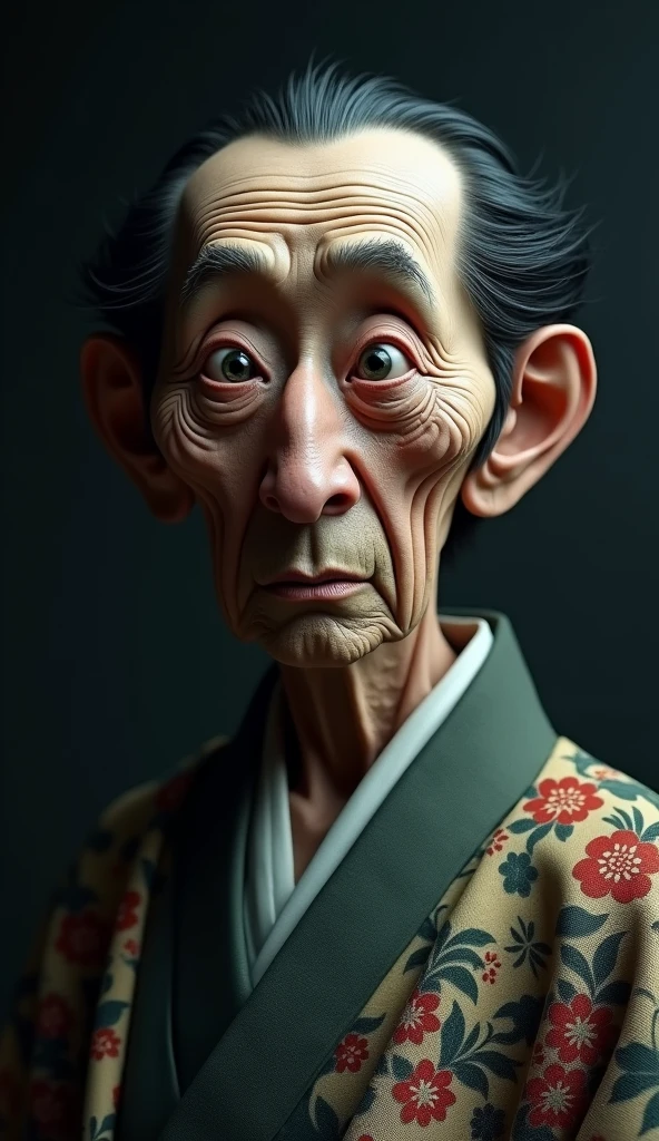 a surreal portrait of an old Japanese man with a disproportionately large head and , wearing a traditional Japanese kimono, with  black hair, (best quality,4k,8k,highres,masterpiece:1.2),ultra-detailed,(realistic,photorealistic,photo-realistic:1.37),extremely detailed eyes and face,longeyelashes,intricate textile patterns,dramatic lighting,moody atmosphere,muted color palette,cinematic composition