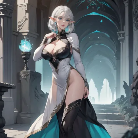 a female elf, dark elf, short silver hair, turquoise blue eyes, thin lips, round face, huge breasts, dark elf, black dress, insi...