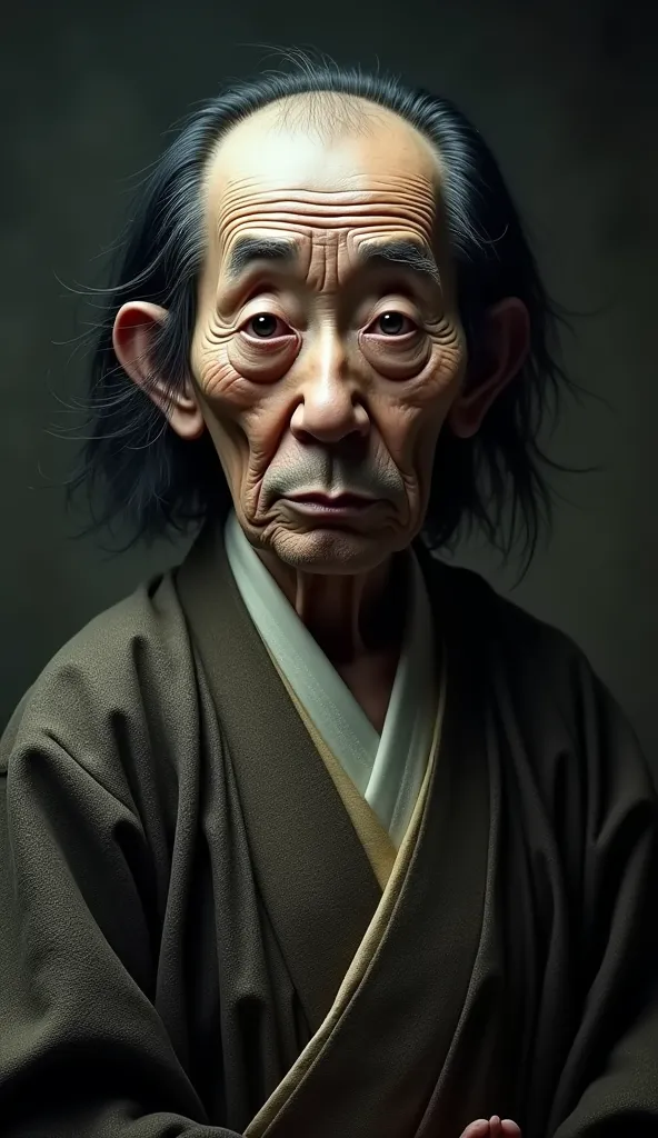 a surreal portrait of an old japanese man with a disproportionately large head and , wearing a traditional japanese kimono, with...