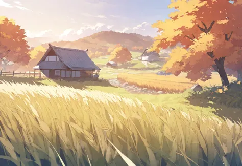 autumn rural scenery with swaying ears of rice