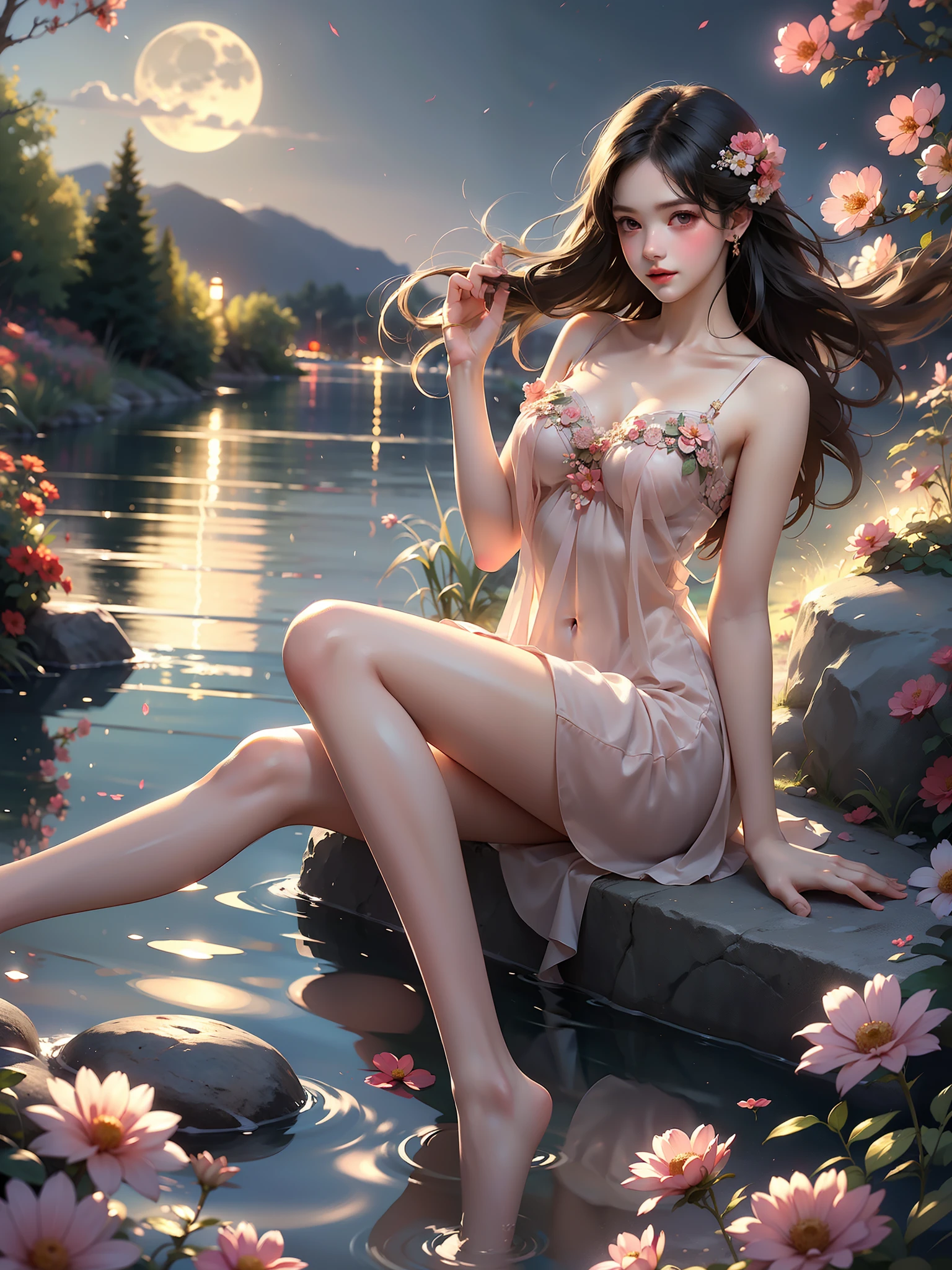  (High quality details), 1 Girl, solo, Young women, Elegant Posture, ((night, moonlight)), (Curvy body，Lying in the water naturally，River Water，rock, Relaxed expression), (Focus on natural body posture and correct anatomy:1.3), (Perfect leg proportions:1.3)，(True and accurate leg shape:1.2), ((Natural leg position)), The skirt is very short, One hand stroked the hem of the skirt, Lift the hem of your skirt, Bare shoulders, Natural posture, Soft expression, Exquisite makeup, Soft blush, Bright Eyes, Soft lips, Flower fairy style, ((Anatomically accurate)), (Real natural legs), Smooth skin, Soft lighting, high resolution, 8K Ultra HD, Clear focus, Professional photography effects, Random elegant scenes, Multi-angle shooting