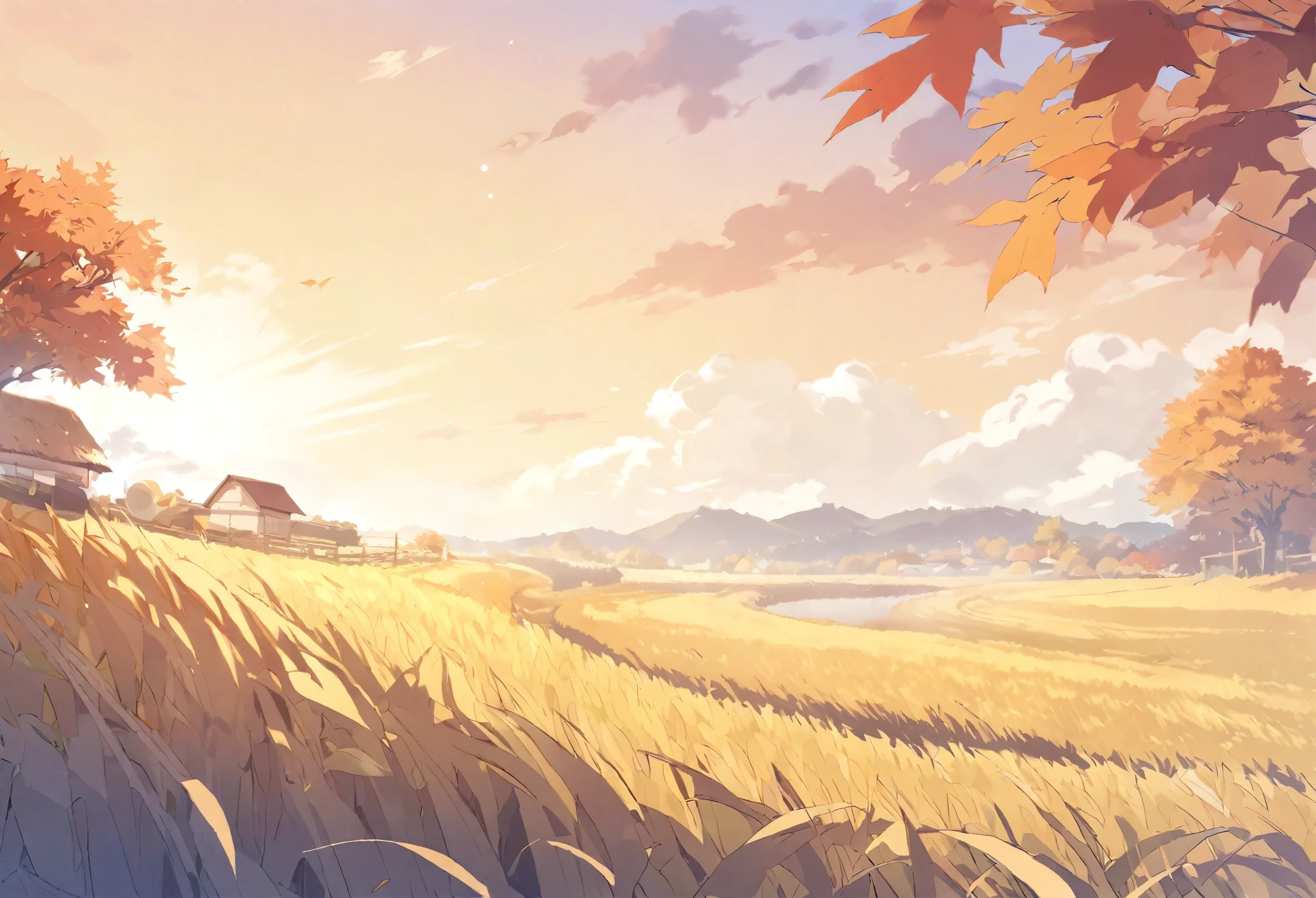 Autumn rural scenery with swaying ears of rice
