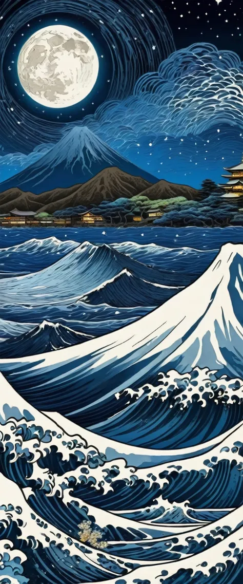 exquisitely detailed  ultra hd, extreme contrast, extremely lovely and strikingly detailed mountain and seas. (japanese large wa...