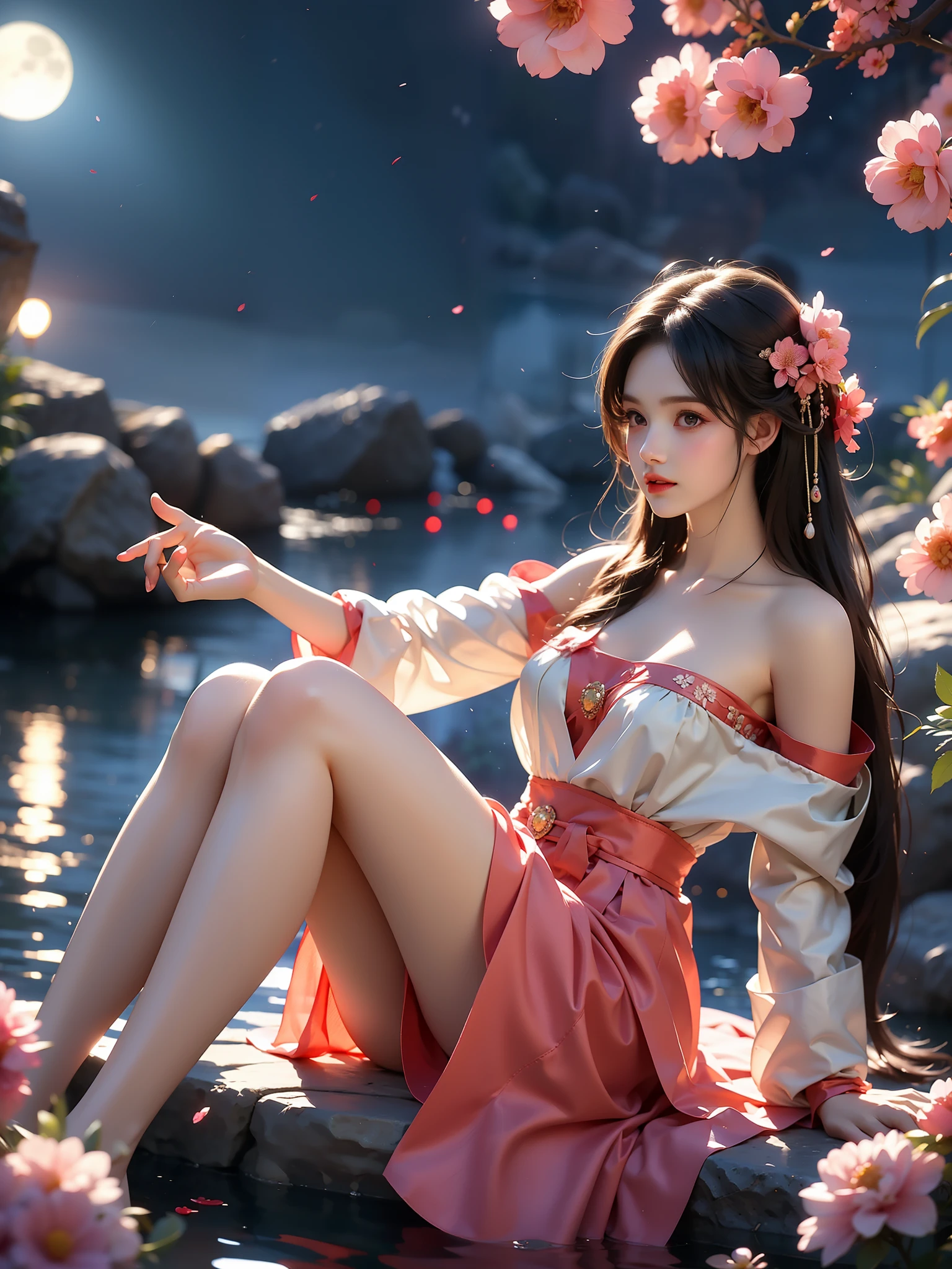 Hanfu-song, Hanfu, song theme, headband, Tube Top, (High quality details), 1 Girl, solo, Young women, Elegant Posture, ((night, moonlight)), (Curvy body，Lying in the water naturally，River Water，rock, Relaxed expression), (Focus on natural body posture and correct anatomy:1.3), (Perfect leg proportions:1.3)，(True and accurate leg shape:1.2), ((Natural leg position)), One hand stroked the hem of the skirt, Lift the hem of your skirt, Bare shoulders, Natural posture, Soft expression, Exquisite makeup, Soft blush, Bright Eyes, Soft lips, Flower fairy style, ((Anatomically accurate)), (Real natural legs), Smooth skin, Soft lighting, high resolution, 8K Ultra HD, Clear focus, Professional photography effects, Random elegant scenes, Multi-angle shooting