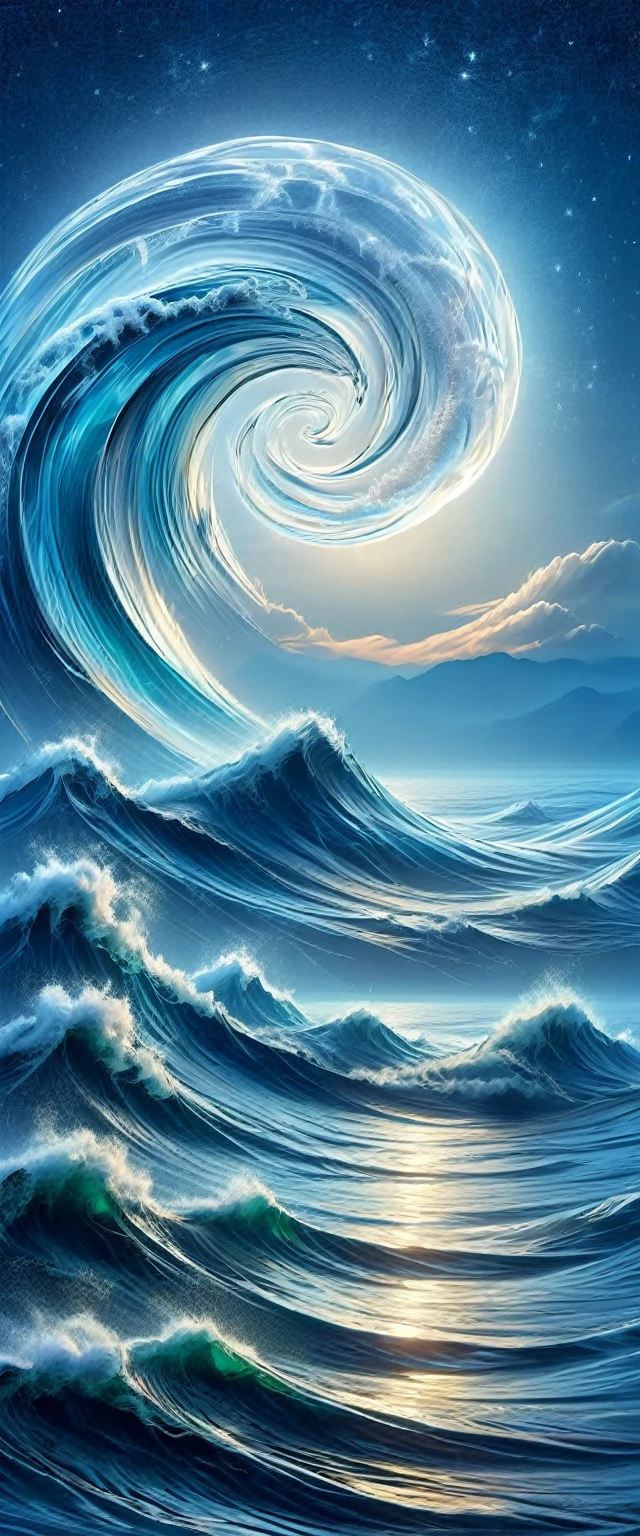 Exquisitely detailed  Ultra HD, extreme contrast, extremely lovely and strikingly detailed Mountain and seas. (Japanese large wave  art) with( van gogh starry night. Swirl of stars and clouds full moon behind Mt fuji) 