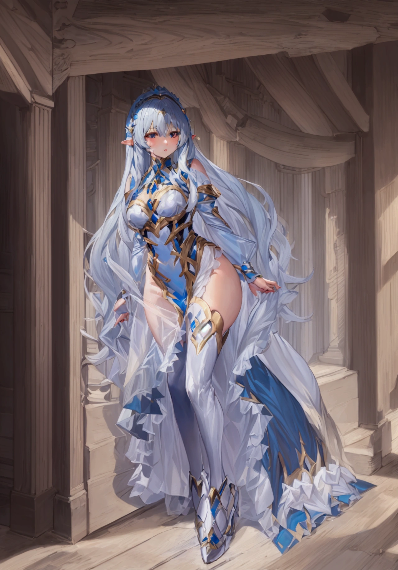 Very detailed, long, straight blonde hair, Silver and blue hair accessories, White and blue fantasy outfit, One Girl, Wide viewing angles, Big swinging bust, Very delicate depiction, Detailed depiction of the face, Detailed depiction of hair, Accurate skeleton, See-through dress, Elf Princess Knight, Beautiful long blonde hair,nsfw