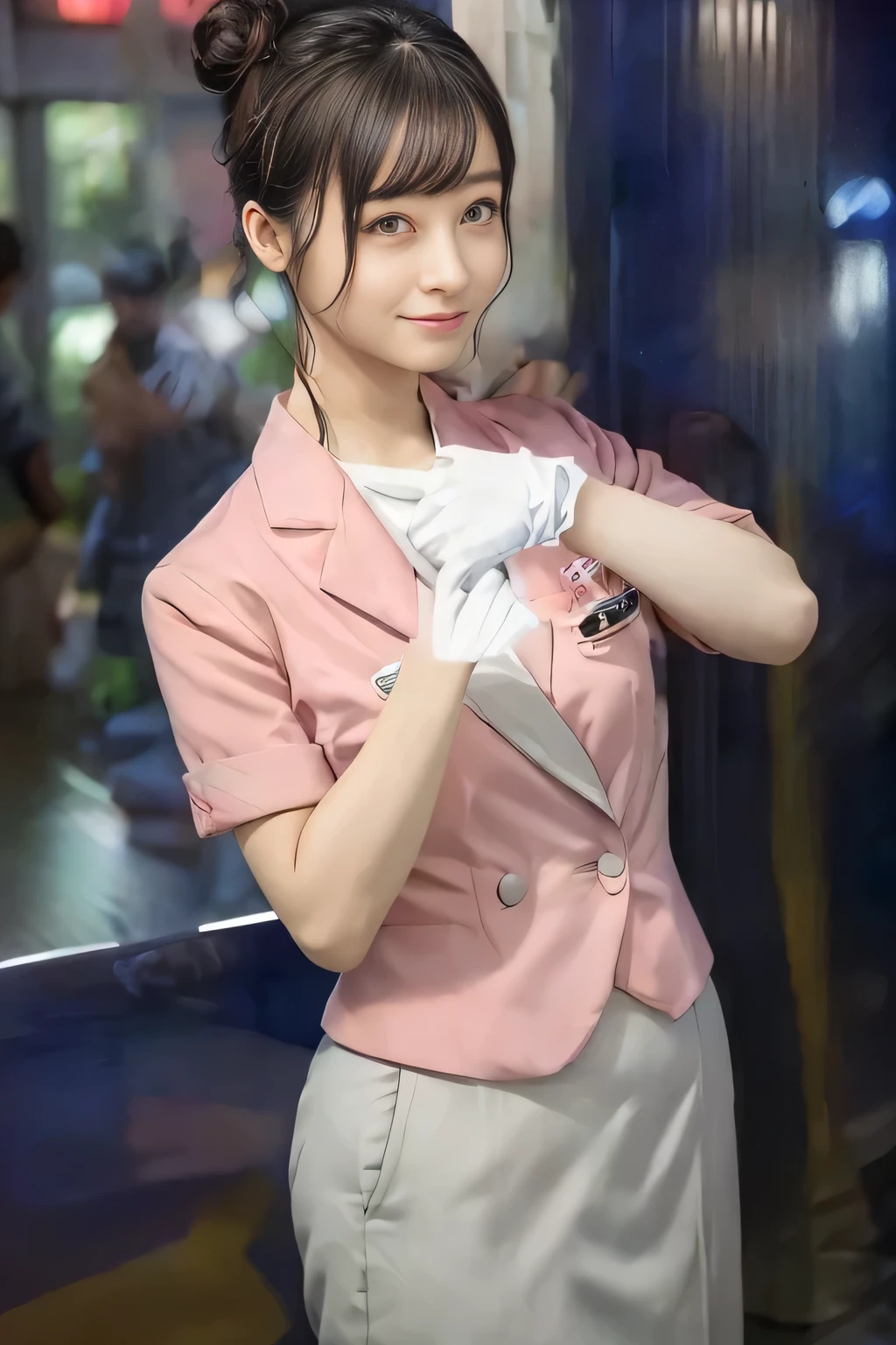 (masterpiece:1.2, Highest quality:1.2), 32k HDR, High resolution, (alone、1 girl)、（On the roof of a building in the daytime、Professional Lighting）、Building rooftop background、（Nankai train crew uniform pinkを着たリアルスタイル）、（Nankai Railway crew uniform, pink, short sleeve, collarless, pink jacket、Nankai Railway crew uniform pink no-collar short-sleeve blouse、Nankai Railway crew uniform pink grey knee-length culottes）、（（The bottom of the pink short-sleeved jacket cannot be tucked into the clay-colored culottes..））、Dark brown hair、（Hair tied up、Hair Bun、Hair Bun）、Dark brown hair、Long Shot、Big Breasts、Thin legs、（（Great hands：2.0）），（（Harmonious body proportions：1.5）），（（Normal limbs：2.0）），（（Normal finger：2.0）），（（Delicate eyes：2.0）），（（Normal eyes：2.0））)、smile、（Nankai Railway crew uniform pink grey knee-length culottesを見せた美しい立ち姿）、 