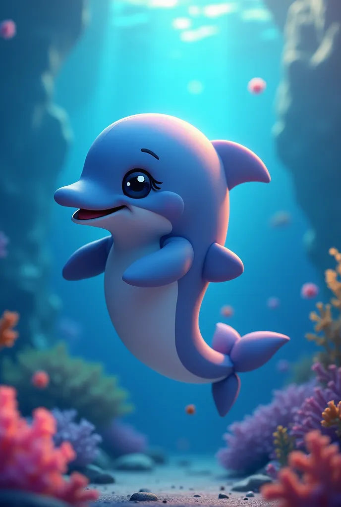 cute mascot character, dolphin, sea, underwater, cartoon, adorable, playful, colorful, whimsical, dynamic pose, vibrant colors, glowing bioluminescent details, intricate 3D rendering, highly detailed, hyper realistic, cinematic lighting, masterpiece, 8k, photorealistic, professional digital art