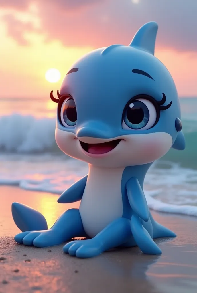 cute mascot character, seaart, dolphin, 1girl, beautiful detailed eyes, beautiful detailed lips, extremely detailed eyes and face, long eyelashes, smiling, sitting on beach, ocean waves, sunset sky, vibrant colors, highly detailed, photorealistic, 8k, best quality, masterpiece