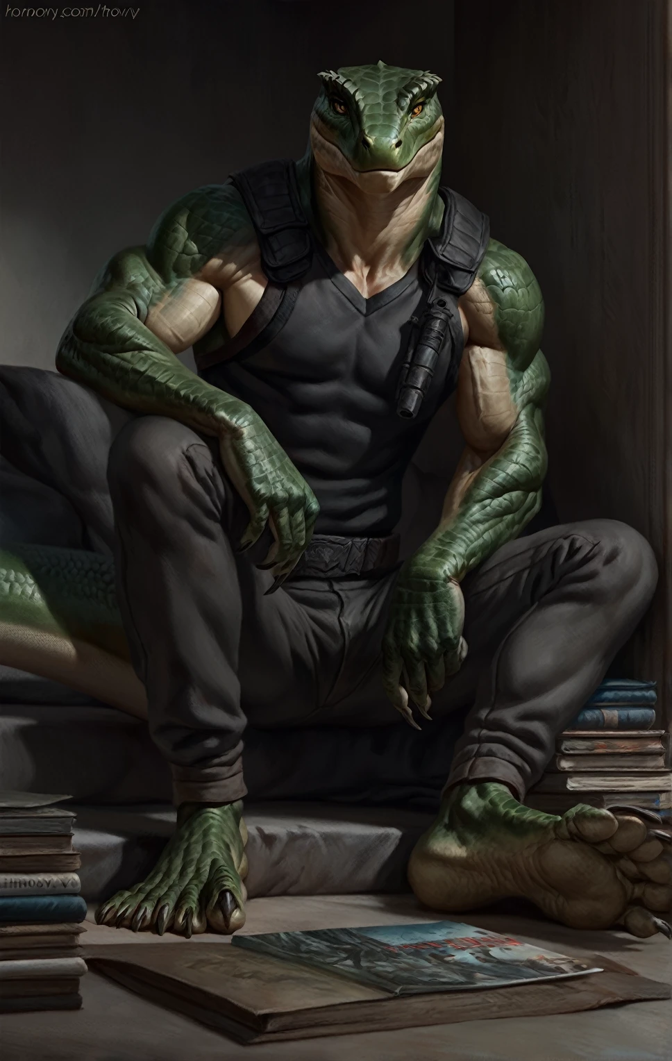 realistic muscular lizardfolk, wearing pants, mercenary, masculine,  plantigrade, dark green body, black belly, comic book style, (best quality,4k,8k,highres,masterpiece:1.2),ultra-detailed,(realistic,photorealistic,photo-realistic:1.37),by laobai, by taran fiddler, by honovy