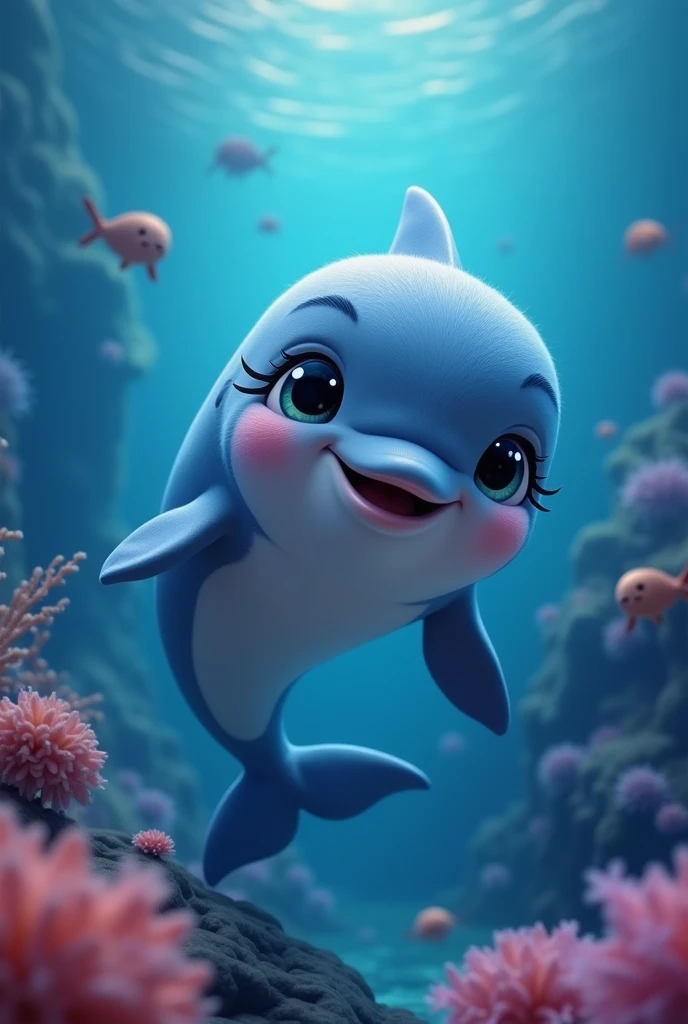 cute mascot character,seaart,dolphin,1girl,beautiful detailed eyes,beautiful detailed lips,extremely detailed face and features,longeyeashes,ocean,underwater,swimming,playful,smiling,adorable,fantasy,whimsical,colorful,vibrant,dynamic,ethereal,dreamlike,magical realism,cinematic lighting,dramatic shadows,warm color palette,deep sea,coral reef,kelp forest,bioluminescent,glowing,(best quality,4k,8k,highres,masterpiece:1.2),ultra-detailed,(realistic,photorealistic,photo-realistic:1.37),concept art