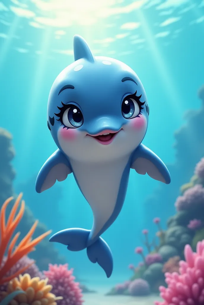 cute mascot character, seaart, dolphin, 1girl, beautiful detailed eyes, beautiful detailed lips, extremely detailed face and features, long eyelashes, dolphin shaped hair, playful expression, digital art, vibrant colors, dynamic pose, ocean background, underwater scene, coral reef, sea plants, sunlight shimmering on water, photorealistic, 8k, high quality, masterpiece