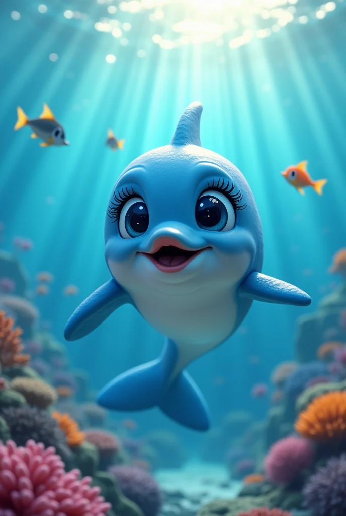 A cute dolphin mascot character, seascape, dolphin swimming underwater, beautiful detailed eyes, beautiful detailed lips, extremely detailed face and features, long eyelashes, dynamic pose, ocean waves, underwater coral reef, colorful tropical fish, sun rays underwater, (best quality,4k,8k,highres,masterpiece:1.2),ultra-detailed,(realistic,photorealistic,photo-realistic:1.37),vibrant colors,cinematic lighting,concept art