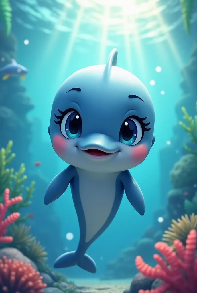 cute mascot character, seaart, dolphin, 1girl, beautiful detailed eyes, beautiful detailed lips, extremely detailed face and features, long eyelashes, cute dolphin companion, underwater scene, coral reef, kelp forest, aquamarine colors, sunlight streaming through water, serene, peaceful, photorealistic, 8k, high quality, masterpiece