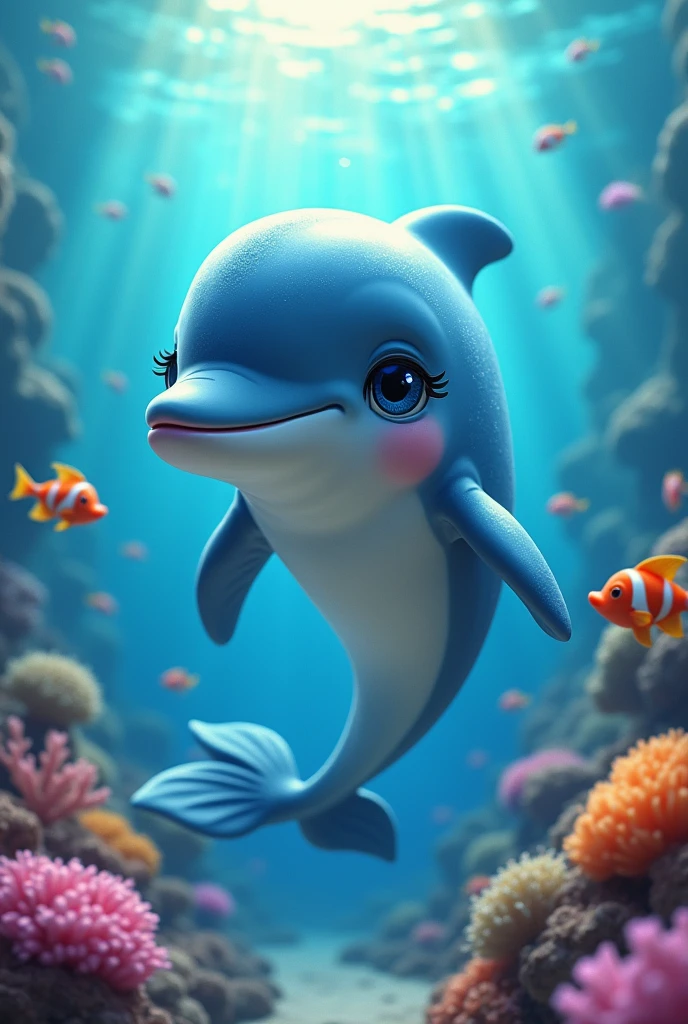 cute mascot character, sea art, dolphin, 1girl, beautiful detailed eyes, beautiful detailed lips, extremely detailed face and features, long eyelashes, mermaid, swimming, underwater, colorful coral reef, school of tropical fish, sunlight filtering through the water, glowing bioluminescent plankton, vivid colors, dreamy, whimsical, fantasy, masterpiece, high quality, 8k, hyper detailed, cinematic lighting, photorealistic