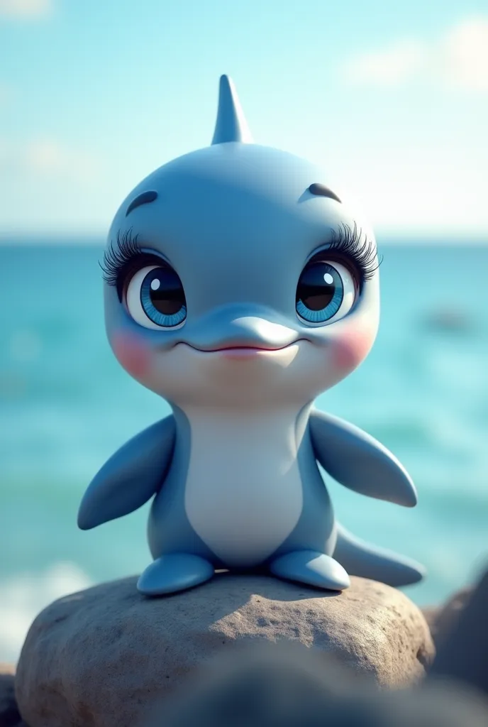 cute mascot character, dolphin, sea art, beautiful detailed eyes, beautiful detailed lips, extremely detailed eyes and face, long eyelashes, sitting on rock, ocean background, pastel colors, soft lighting, highly detailed, 8k, photorealistic, studio lighting, professional, vibrant colors, dynamic composition