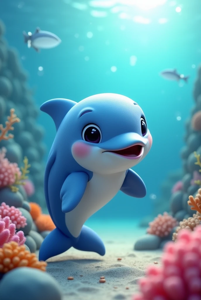 cute mascot character, dolphin, seaart, (best quality,4k,8k,highres,masterpiece:1.2),ultra-detailed,(realistic,photorealistic,photo-realistic:1.37), intricate details, whimsical, adorable, cheerful, playful, vibrant colors, dynamic pose, high quality 3d rendering, studio lighting, lively expression, cute dolphin companion, underwater scene, coral reef, sunlight shimmering on water, beautiful seascape