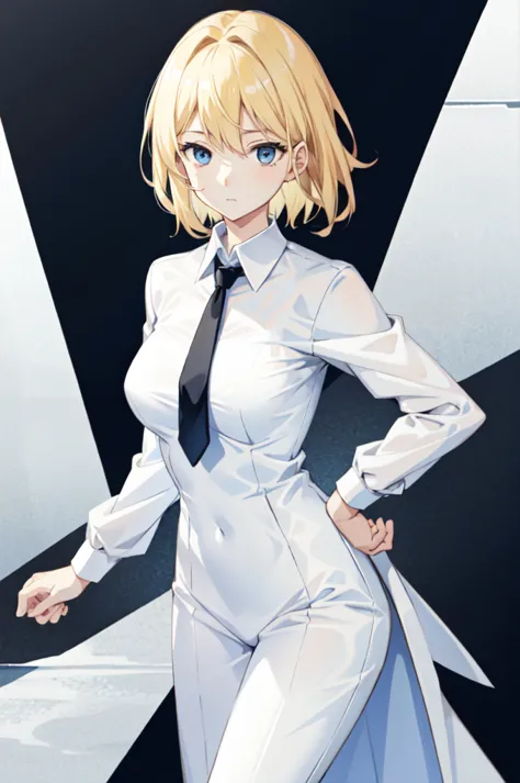 girl with short blonde hair, blue eyes, wearing a white dress shirt, breasts, with a black tie, defined body, wearing black dres...