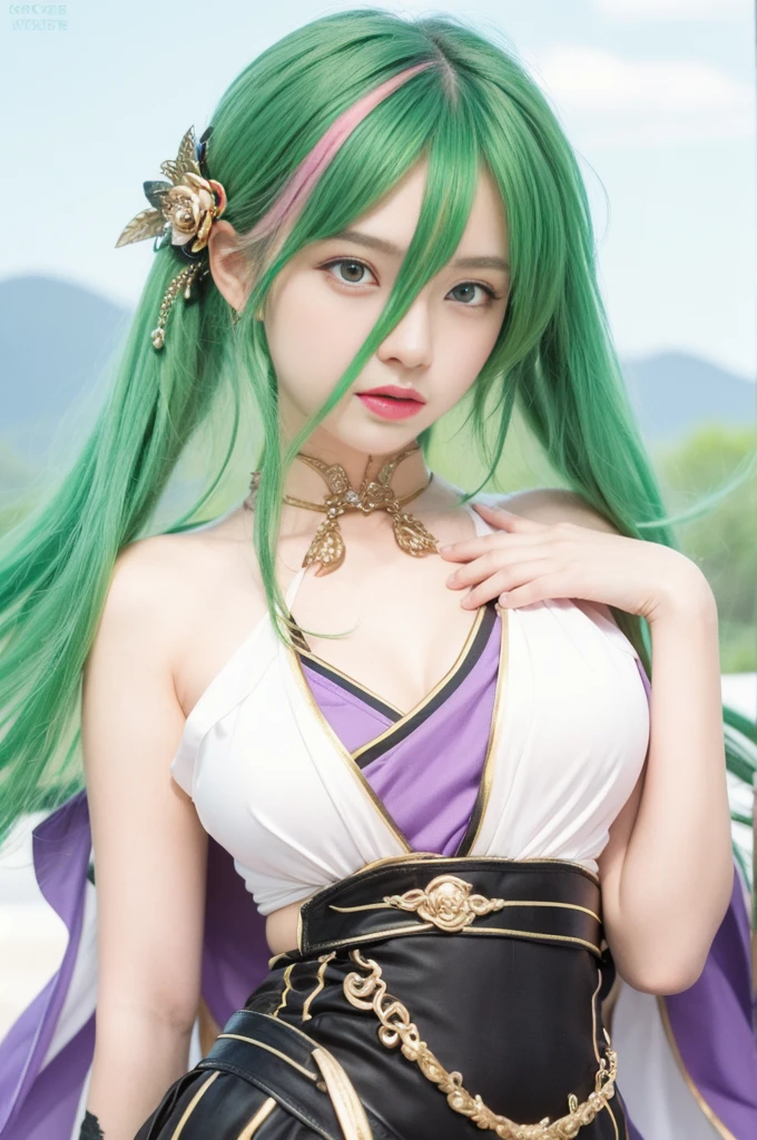 A beautiful girl, drooping eyes,
young girl,hyper realistic,4k, masterpiece,beautiful,pale skin,fair skin, 1girl,gloves, dark green hair with pink hair extension, long hair, multicolored hair, drooping eyes, asian girl, green eyes, vision, thighhighs, flower, black thighhighs, rose, multicolored dress, jewelry, purple dress,long hair, capelet, multicolored clothes, purple capelet, 30yo