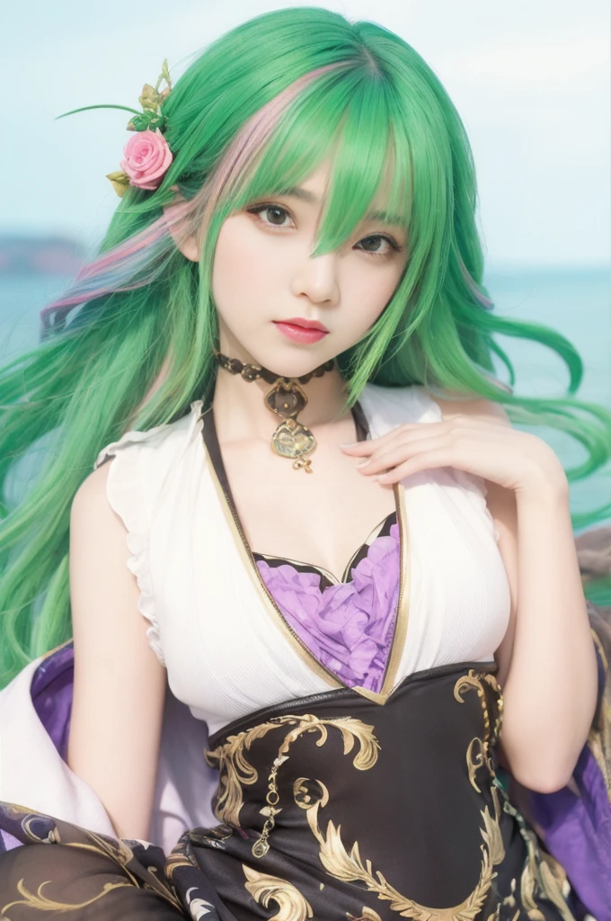 A beautiful girl, drooping eyes,
young girl,hyper realistic,4k, masterpiece,beautiful,pale skin,fair skin, 1girl,gloves, dark green hair with pink hair extension, long hair, multicolored hair, drooping eyes, asian girl, green eyes, vision, thighhighs, flower, black thighhighs, rose, multicolored dress, jewelry, purple dress,long hair, capelet, multicolored clothes, purple capelet, 30yo