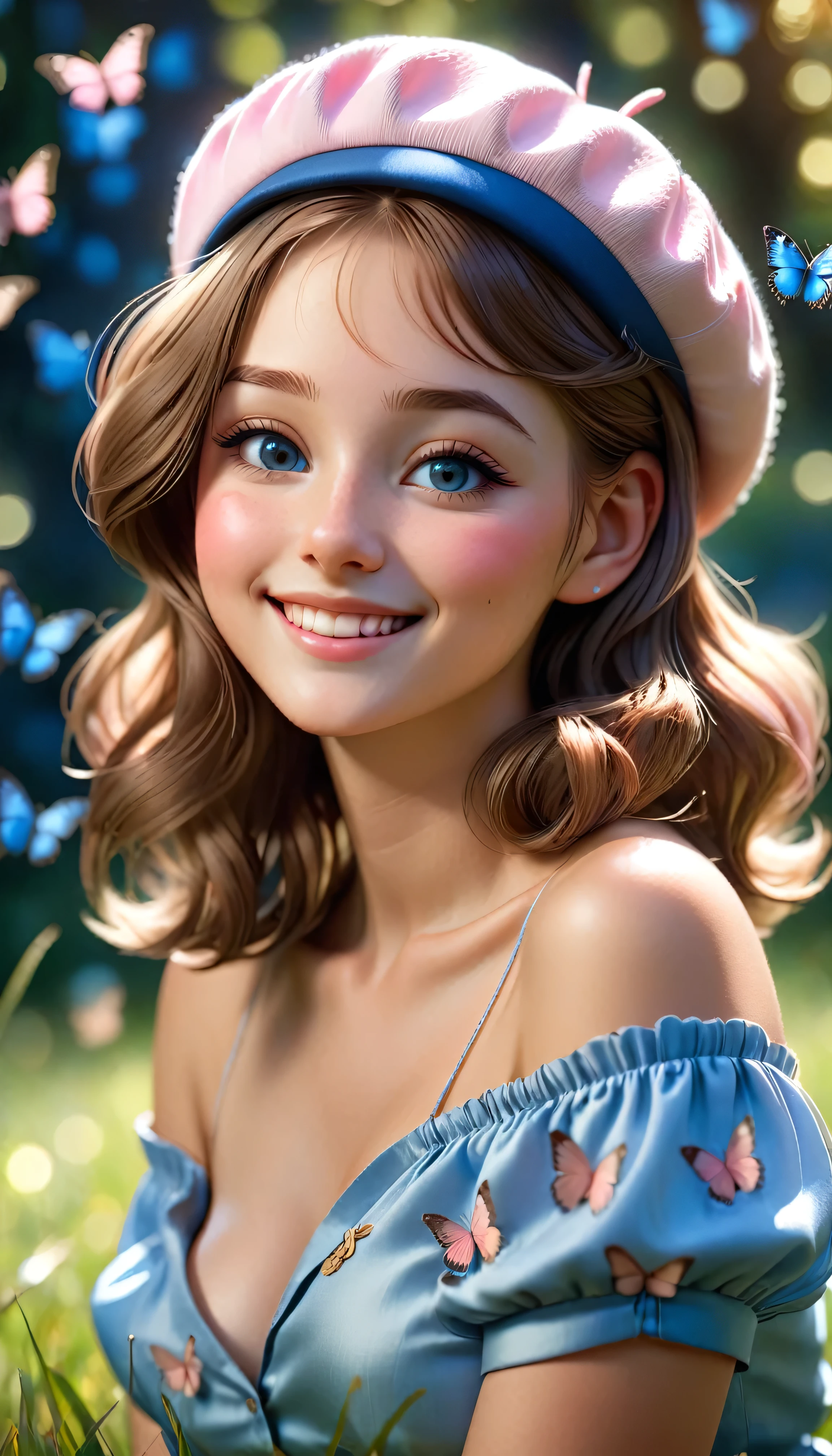 masterpiece, ultra high res, photorealistic,david hamilton,  8k, detailed shadow, BJ_Blue_butterfly,necklace,  looking at viewer, sparkling light eyes,  smiling,soft lighting, sharp focus, (bokeh:1.5), light from the front, bloom, cinematic lighting, light on face, Volumetric lighting,  (Depth of field:1.2), BREAK 1 petite danish girl blushing, happy,  whole body, sitting on grass, off shoulder, wearing silk  shirt, wearing  skirt,  pink french beret 