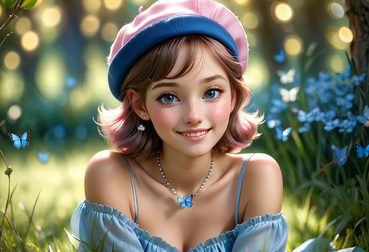 masterpiece, ultra high res, photorealistic,david hamilton,  8k, detailed shadow, BJ_Blue_butterfly,necklace,  looking at viewer, sparkling light eyes,  smiling,soft lighting, sharp focus, (bokeh:1.5), light from the front, bloom, cinematic lighting, light on face, Volumetric lighting,  (Depth of field:1.2), BREAK 1 petite danish girl blushing, happy,  whole body, sitting on grass, off shoulder, wearing silk  shirt, wearing  skirt,  pink french beret 