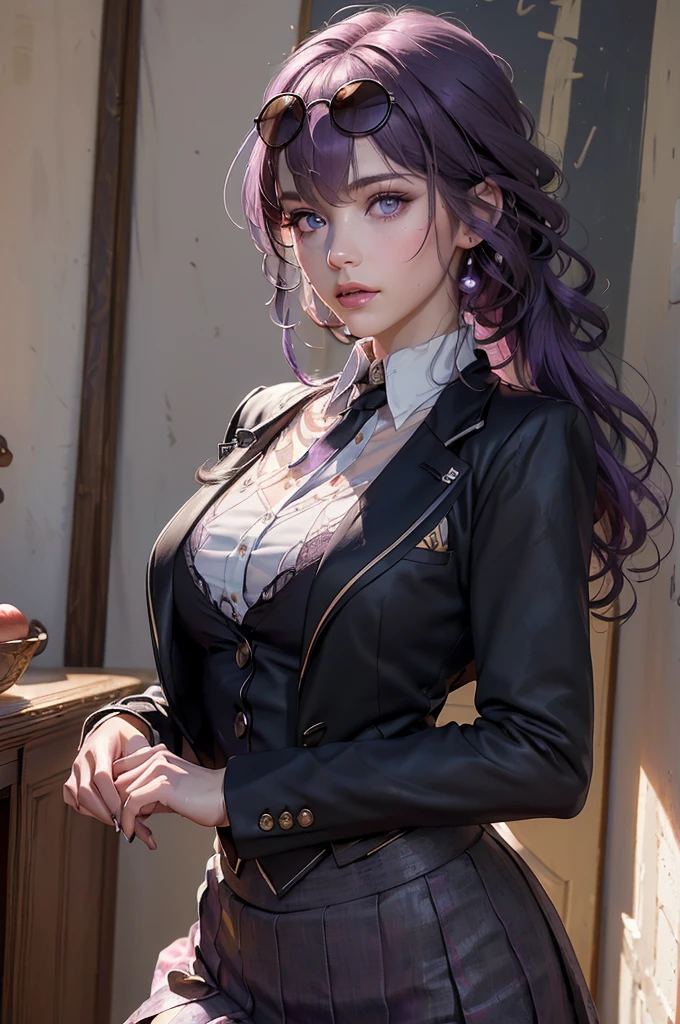 realistic,( photo-realistic), ultra hires, (masterpiece, top quality, best quality, official art, beautiful and aesthetic, raw photo:1.4),(high detailed skin:1.2), ultra realistic, 32k,
1girl,  kafka, purple eyes, purple hair, eyewear on head, sunglasses, narrow waist, dynamic pose, dynamic angle,
(school uniform:1.2),