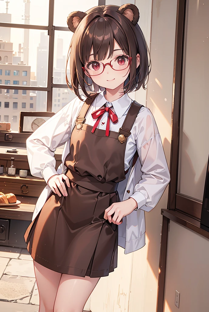 a young boy with short bob haircut, bear ears, round glasses, cocoa brown hair, red ribbon on neck, white blouse, red mid-length skirt, brown apron, black tights, brown boots, red eyes, smiling, (best quality,4k,8k,highres,masterpiece:1.2),ultra-detailed,(realistic,photorealistic,photo-realistic:1.37),highly detailed face and eyes,detailed clothing, soft lighting, warm colors, charming expression