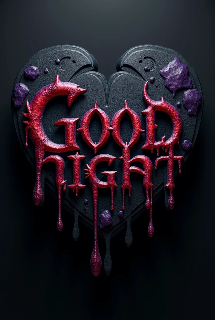 Create a visually striking 3D logo featuring the word "Goodnight" in a Gothic font. The design should evoke a dark, mysterious atmosphere, incorporating elements of dripping ink to enhance the Gothic aesthetic.

Font Style: Use an ornate Gothic typeface that features sharp angles and intricate details. The letters should be bold and prominent, conveying a sense of strength and elegance.

Color Scheme: Utilize a dark color palette, primarily black with deep shades of purple or crimson to add depth. Consider incorporating gradients to give the letters a more dynamic appearance.

Dripping Effect: Add a dripping ink effect to the bottom of each letter, making it appear as though the ink is flowing downwards. The drips should vary in length and thickness for a more organic look, enhancing the overall Gothic theme.

3D Elements: Ensure the logo has a three-dimensional quality, with shadows and highlights that create depth. The letters should appear to pop off the background, giving a sense of volume and texture.

Background: Use a simple, dark background to allow the logo to stand out. Consider adding subtle textures, like a parchment or stone effect, to complement the Gothic theme without distracting from the main design.