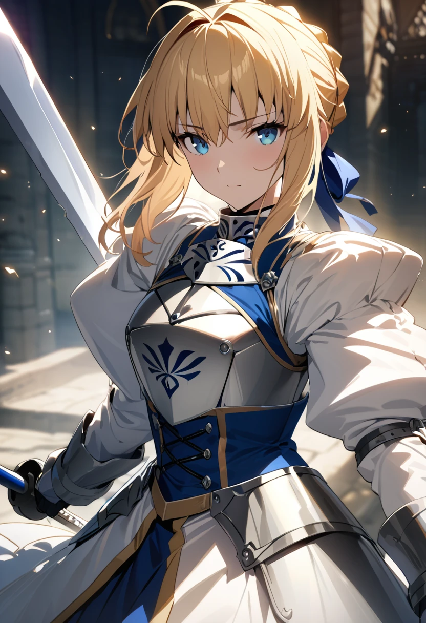 (masterpiece:1.2), (highest quality:1.2), Perfect Eyes, Perfect Face, Perfect lighting,1girl，Saber, holding sword artoria pendragon \(fate\), fate \(series\) perspective medieval beautiful, aesthetic, detailed, beautiful color amazing quality, best quality, high quality