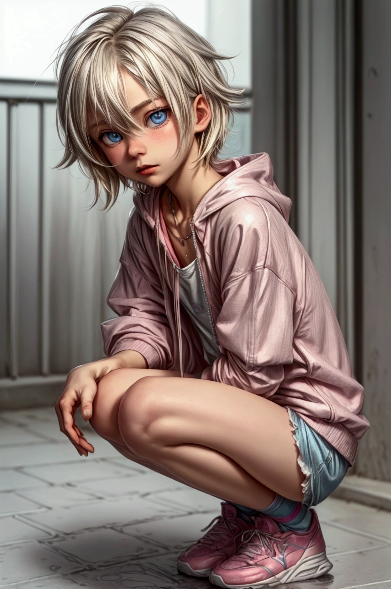 Anime style, Highres, Masterpiece, Best quality at best, Best Quality, hight quality, hight detailed, 1boy, (little boy), boy, blonde boy, blond Hair, perfect boy body, cute boy, detailed light blue eyes, detailed eyes, short hair, messy hair, pastel rainbow inner hair color mesh, Neutral Facial Features, crouching down, wears a open zipper pink hoodie, silver necklace with a pastel pink heart, boy chest, detailed too very short mini blue jean shorts, beautiful long legs, white socks,multicoloured sport sneakers, rainy afternoon on the street, highest quality,