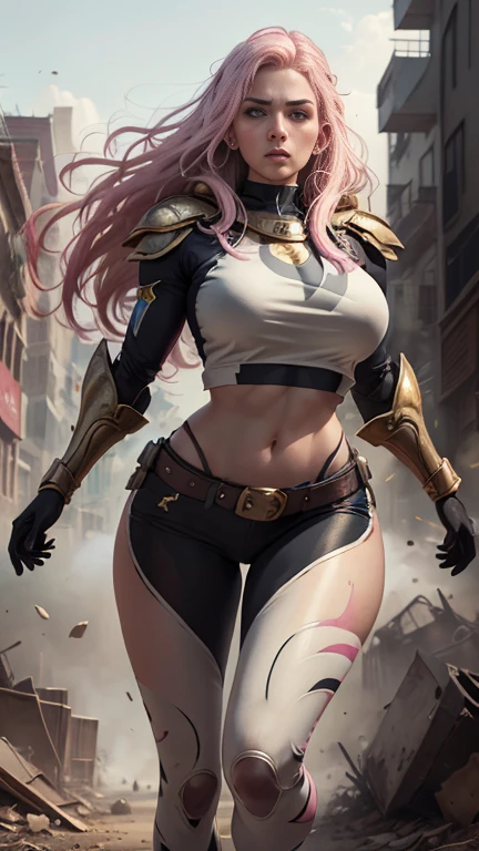 (Highly quality, masterpiece, detailed), realistic 1.5, detailed face, detailed eyes, Destroyed city detailed scenario, destroyed city detailed background, 20 years old girl, solo, angry, hero suit, straight hair, white and pink hair, Gold belt, gold wristband, Gold Shoulder pad, gold breast plates, 1girl, full body, big breasts, athletic body, crop top, Abdomen, Navel, beautiful eyes, perfect eyes, looking at the viewer, Sexy pose