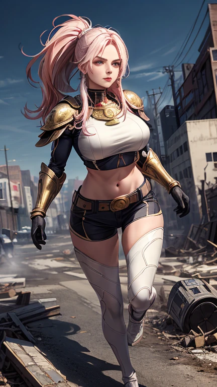 (Highly quality, masterpiece, detailed), realistic 1.5, detailed face, perfect eyes, Destroyed city detailed scenario, destroyed city detailed background, 20 years old girl, solo, angry, hero suit, straight hair, white and pink hair, Gold belt, gold wristband, Gold Shoulder pad, gold breast plates, 1girl, full body, big breasts, athletic body, crop top, Abdomen, Navel, beautiful eyes, perfect eyes, looking at the viewer, Sexy pose