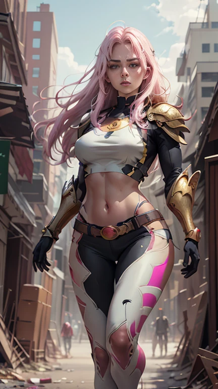 (Highly quality, masterpiece, detailed), realistic 1.5, detailed face, detailed eyes, Destroyed city detailed scenario, destroyed city detailed background, 20 years old girl, solo, angry, hero suit, straight hair, white and pink hair, Gold belt, gold wristband, Gold Shoulder pad, gold breast plates, 1girl, full body, big breasts, athletic body, crop top, Abdomen, Navel, beautiful eyes, perfect eyes, looking at the viewer, Sexy pose