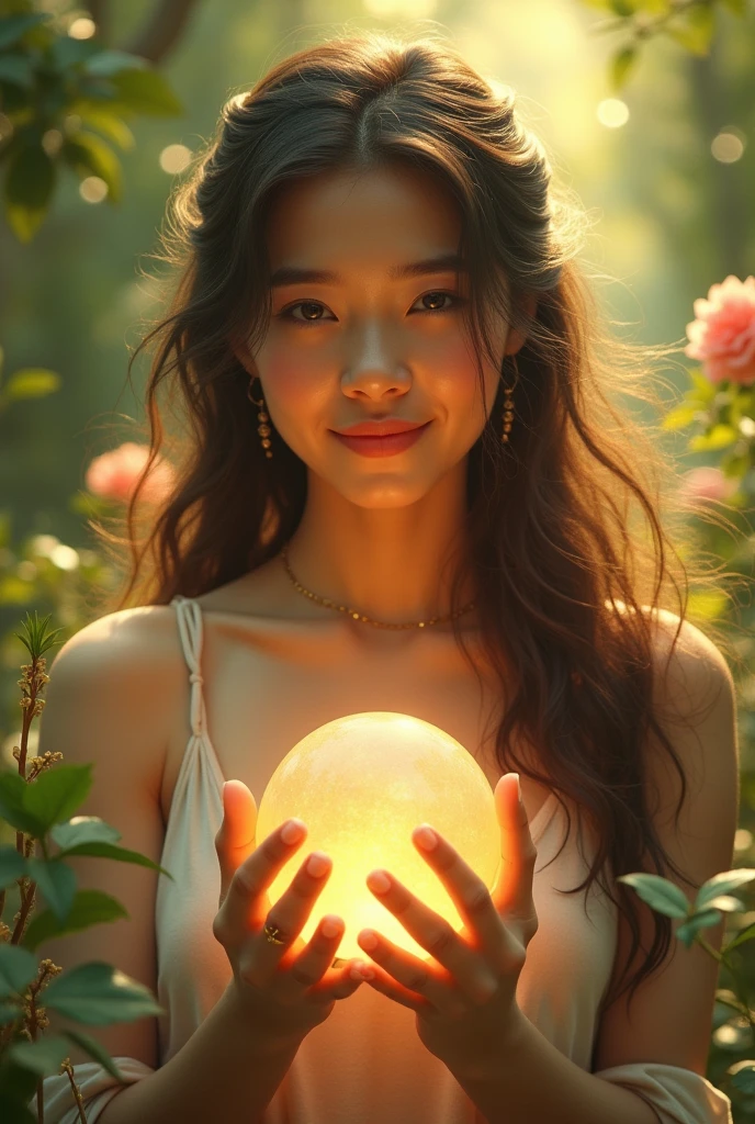 a beautiful young woman, exquisite detailed face, delicate features, serene expression, long flowing hair, holding a glowing sphere, surrounded by lush greenery, sunlight filtering through the trees, a family of smiling figures in the background, tranquil atmosphere, warm color tones, cinematic lighting, vibrant, dreamlike, digital art, highly detailed, photorealistic