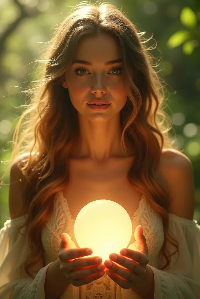 a beautiful young woman, exquisite detailed face, delicate features, serene expression, long flowing hair, holding a glowing sphere, surrounded by lush greenery, sunlight filtering through the trees, a family of smiling figures in the background, tranquil atmosphere, warm color tones, cinematic lighting, vibrant, dreamlike, digital art, highly detailed, photorealistic