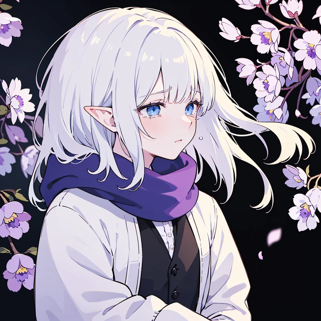 (Highest quality,4K,High resolution:1.2),Cool Profile,A gentle and handsome male elf,(Short silvery white hair,Dark blue eyes),Highly detailed portrait,(Young man standing against a black background decorated with purple petals,Wearing a cardigan or scarf、He is in tears)