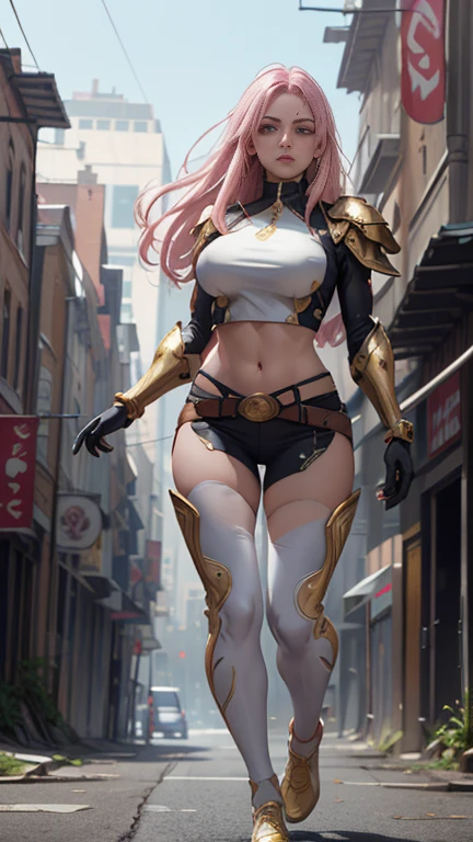 (Highly quality, masterpiece, detailed), realistic 1.5, detailed face, detailed eyes, Destroyed city detailed scenario, destroyed city detailed background, 20 years old girl, solo, angry, hero suit, straight hair, white and pink hair, Gold belt, gold wristband, Gold Shoulder pad, gold breast plates, 1girl, full body, big breasts, athletic body, crop top, Abdomen, Navel, beautiful eyes, perfect eyes, looking at the viewer, Sexy pose