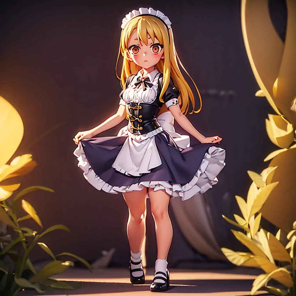 ((Maid)),Frills,corset,Cute little ,Tiny Lori,Small girl,,Childish face, Very fine clean face,Top quality, Big eyes,Straight Hair,Yellow hair,Crimson Eye,(Dark Room), Subtle light, Natural light,Soft lighting,Light from directly behind, (Are standing), Cute pose, (Open your hands), Showing the whole body,Front view,Black background