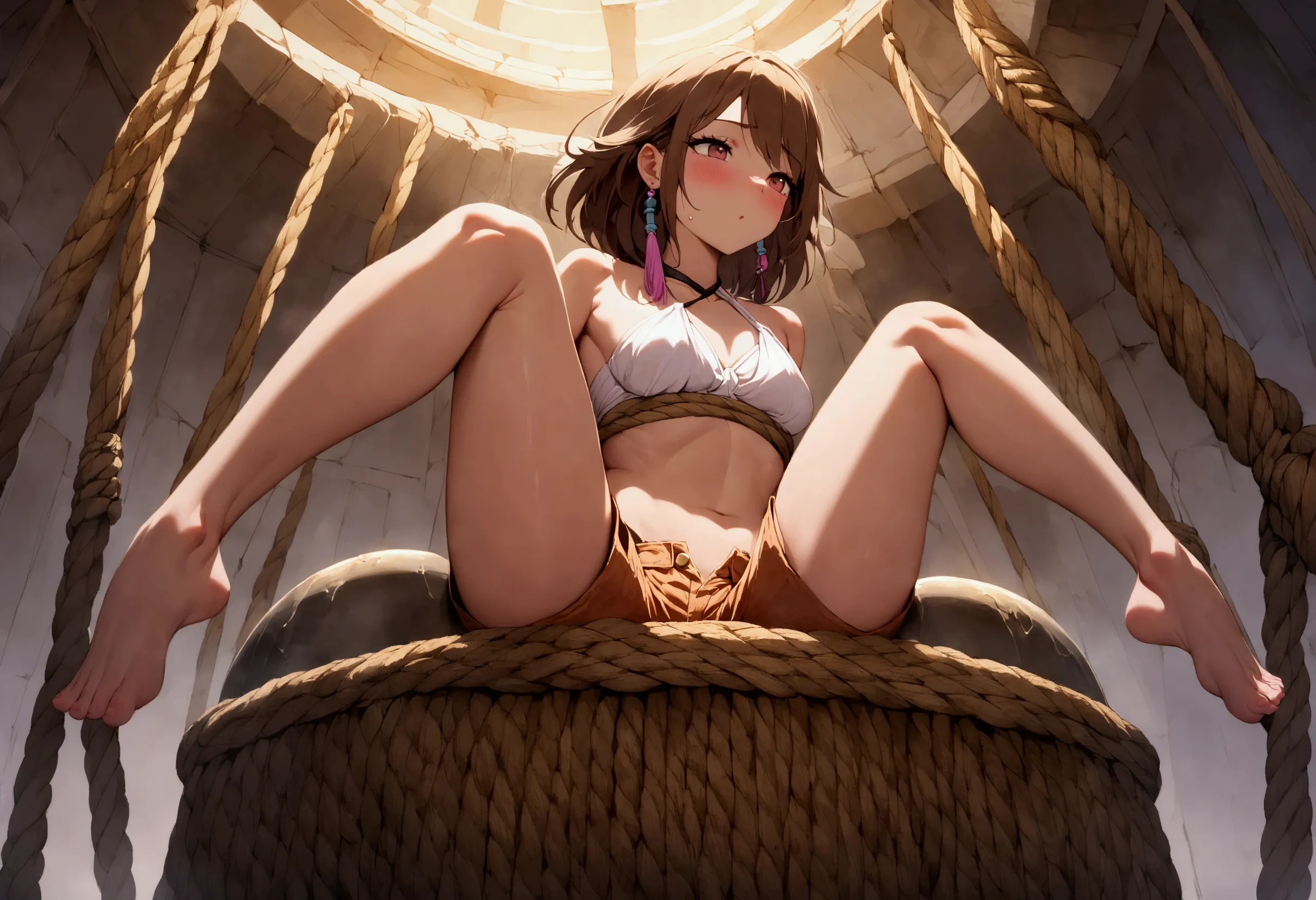 a cute yuna, portraying indiana jones(mostly nude, open well worn halter top, daisy duke shorts, arms and legs bound with rope) ...