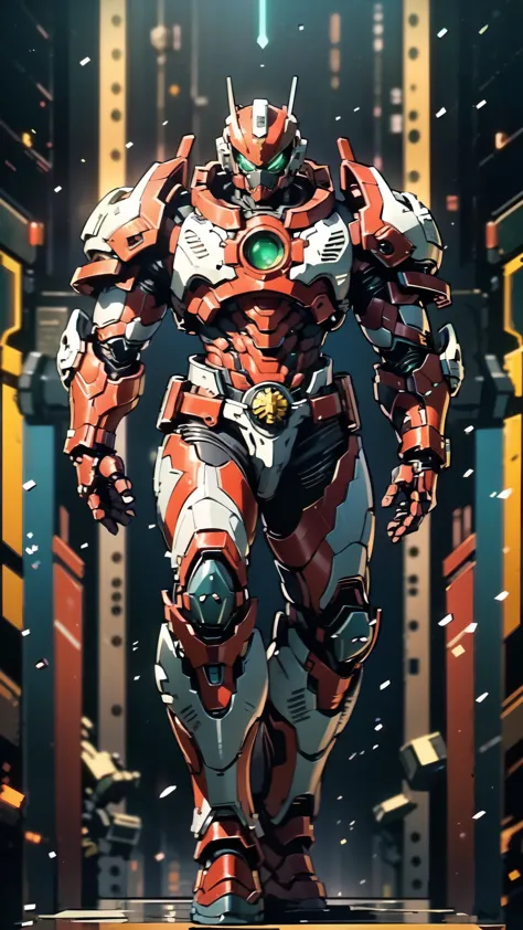 (masterpiece:1.5, best quality:1.5, extremely delicate:1.5), ((male:1.5)), a man wearing a full-face helmet, a biotech armored combat suit, green eyes, (a composite layered chest armor), fully enclosed shoulder guards, matching arm and leg guards, a belt of gemstone, (the color scheme is primarily Red with Green and Yellow accents), the design balances heavy with agility, a high-tech bio-mecha armor, (Armor Concept Inspired by Space Marines, stand of a futuristic sci-fi city), this character embodies a finely crafted fantasy-style armored hero in anime style, exquisite and mature manga art style, (element, plasma, energy, the armor glows), metallic, high definition, highres, ultra-detailed, ultra-fine painting, professional, perfect body proportions, golden ratio, anatomically correct, symmetrical face, extremely detailed eyes and face, high quality eyes, creativity, RAW photo, UHD, 32k, Natural light, cinematic lighting, masterpiece-anatomy-perfect