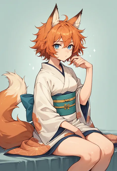 1girl, (orange hair, short messy hair, blue eyes, orange fox ears, orange fox tail) (stoic, leaning backwards, sitting, looking ...