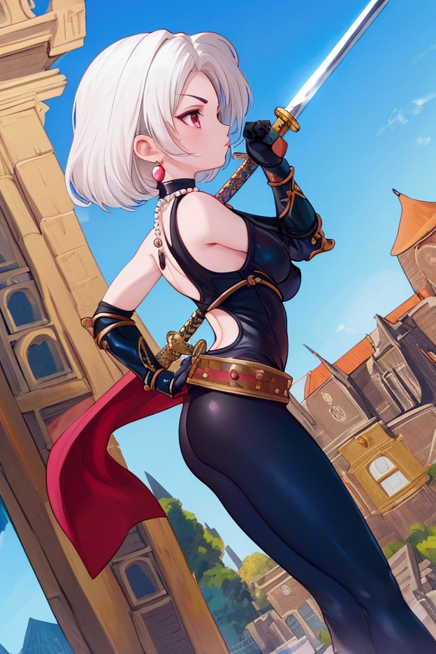 (masterpiece, best quality:1.1), thief (dq3), 1girl, solo, short hair, white hair, crimson eyes, medium breasts, pink gloves, jewelry, pearl necklace, earrings, belt, sword, yellow breastplate, black bodysuit, bag, (coin, sword on hip:1.2), (dutch angle, dynamic pose, from side:1.3), (blue skies, nature:1.2) 