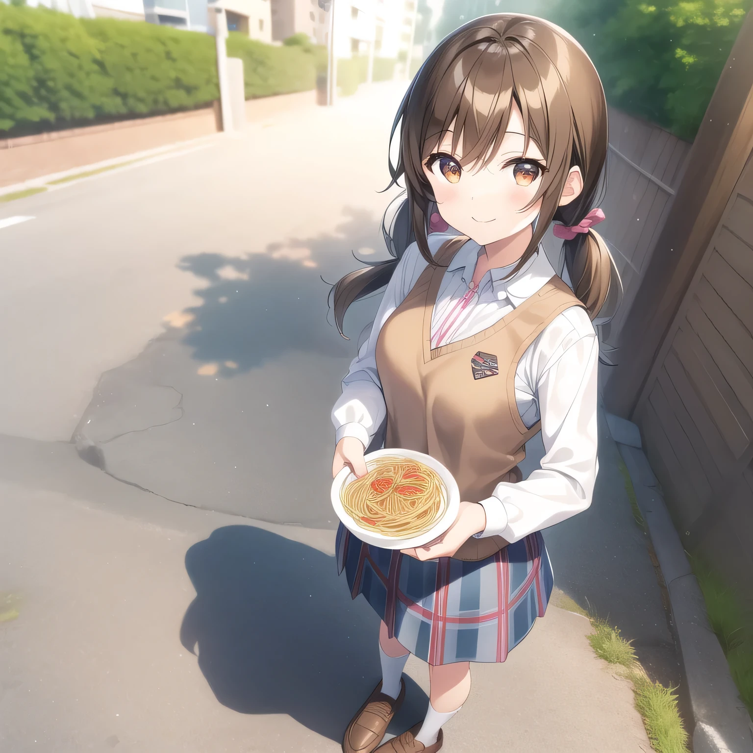 outdoors,
smile,
solo,
AyanaFujisawa,1girl,brown hair,low twintails,brown eyes,
full body,standing,
white shirt,long_sleeves,spaghetti strap,horizontal pinstripe vest,blue vest,
plaid_skirt,red skirt,
socks,pink footwear,