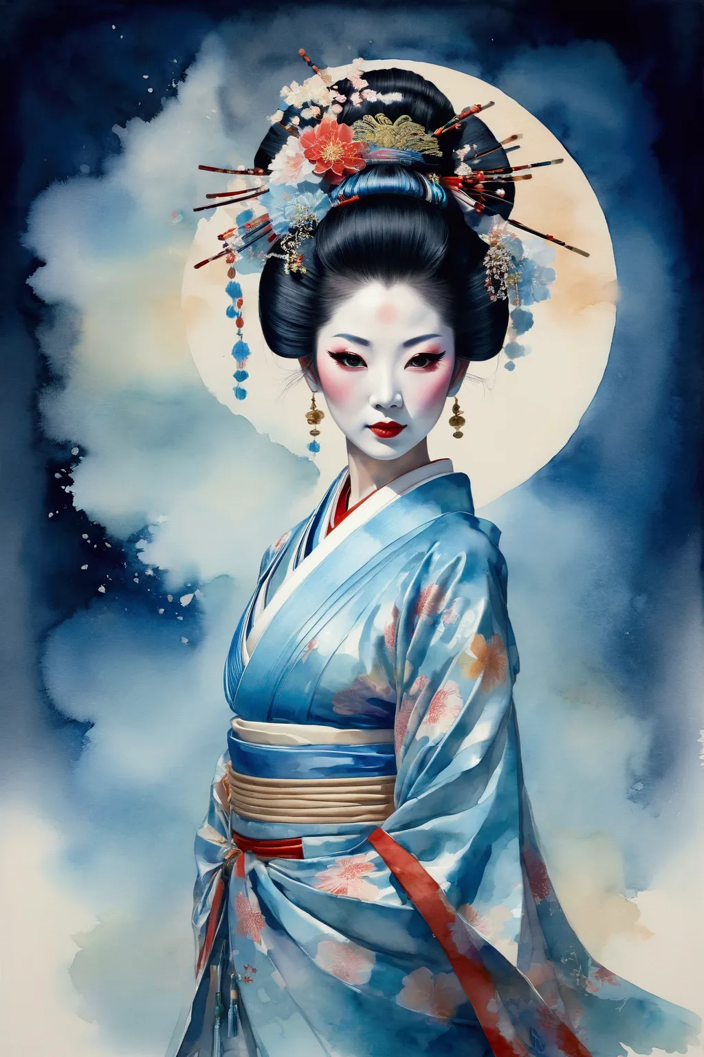 an oiran dressed in traditional attire, illuminated by a soft blue light coming from above, set against a night backdrop. the im...