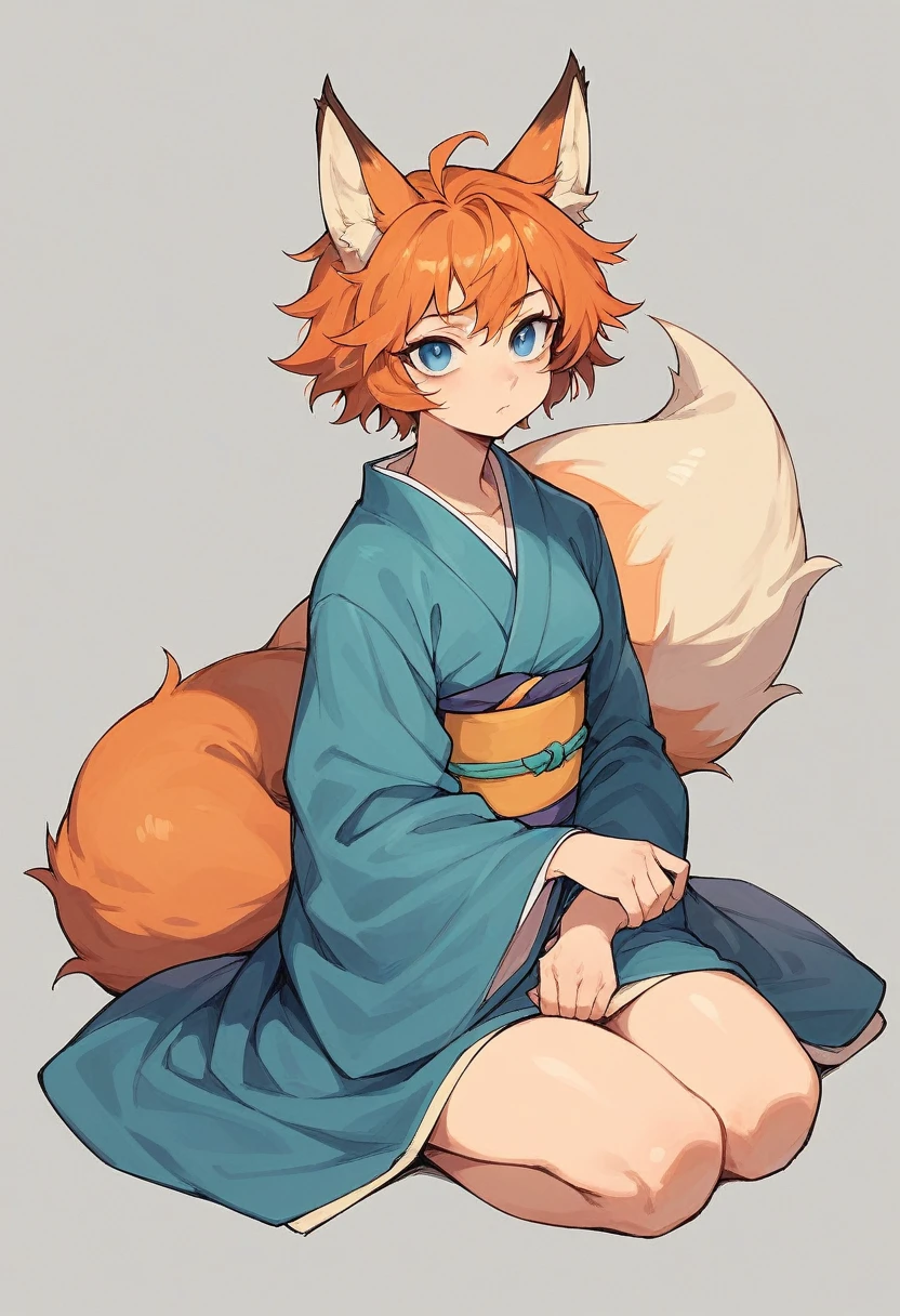 1girl, (orange hair, short messy hair, blue eyes, orange fox ears, orange fox tail) (stoic, leaning backwards, sitting, looking at viewer) (grey traditional kimono) (grey background)