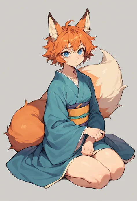 1girl, (orange hair, short messy hair, blue eyes, orange fox ears, orange fox tail) (stoic, leaning backwards, sitting, looking ...