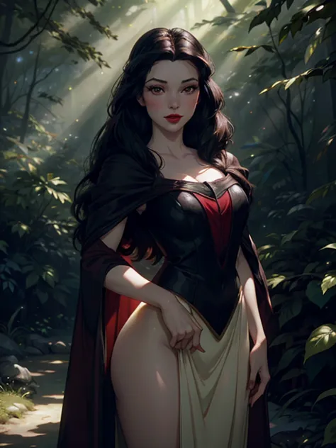 a beautiful young woman with pale skin, ruby red lips, and long black hair, snow white, standing in a lush forest surrounded by ...